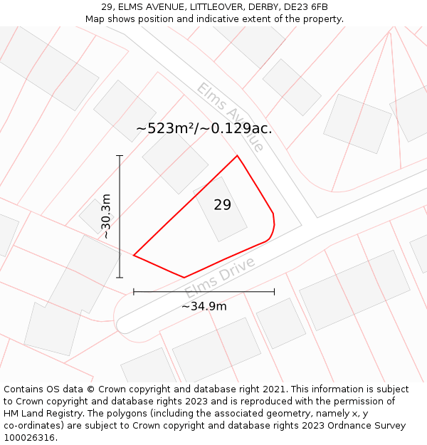29, ELMS AVENUE, LITTLEOVER, DERBY, DE23 6FB: Plot and title map