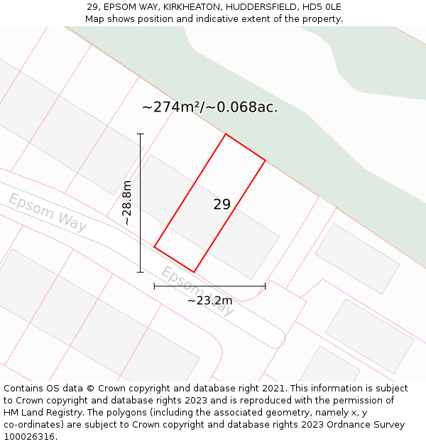 29, EPSOM WAY, KIRKHEATON, HUDDERSFIELD, HD5 0LE: Plot and title map
