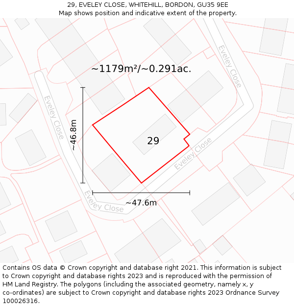 29, EVELEY CLOSE, WHITEHILL, BORDON, GU35 9EE: Plot and title map