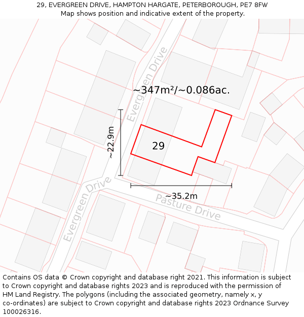 29, EVERGREEN DRIVE, HAMPTON HARGATE, PETERBOROUGH, PE7 8FW: Plot and title map