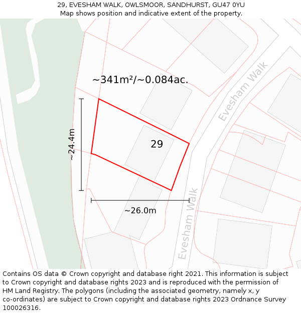 29, EVESHAM WALK, OWLSMOOR, SANDHURST, GU47 0YU: Plot and title map