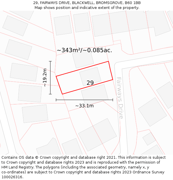 29, FAIRWAYS DRIVE, BLACKWELL, BROMSGROVE, B60 1BB: Plot and title map