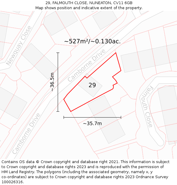 29, FALMOUTH CLOSE, NUNEATON, CV11 6GB: Plot and title map
