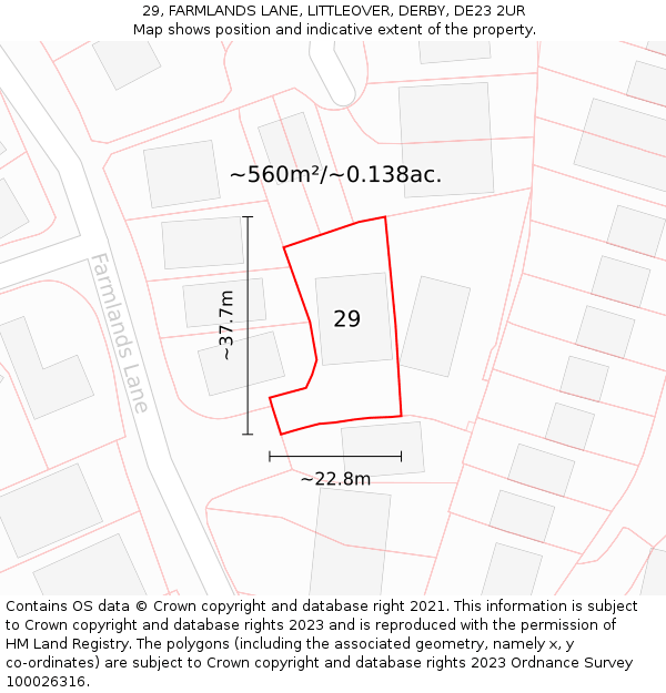29, FARMLANDS LANE, LITTLEOVER, DERBY, DE23 2UR: Plot and title map