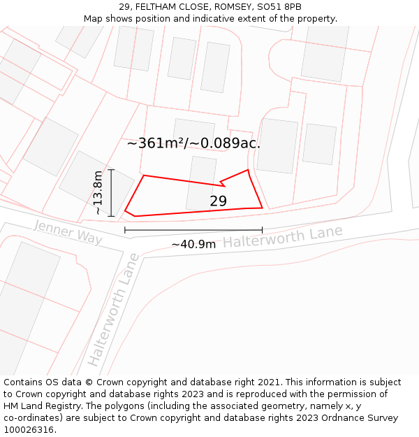 29, FELTHAM CLOSE, ROMSEY, SO51 8PB: Plot and title map