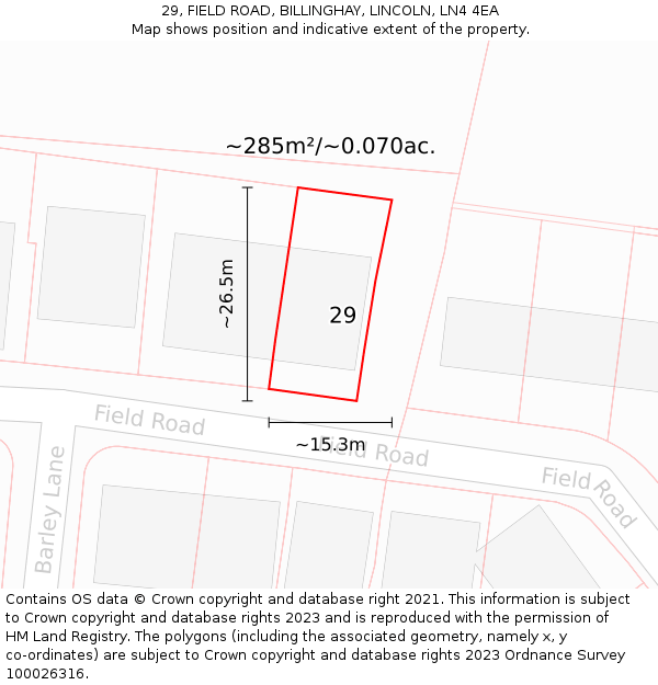 29, FIELD ROAD, BILLINGHAY, LINCOLN, LN4 4EA: Plot and title map