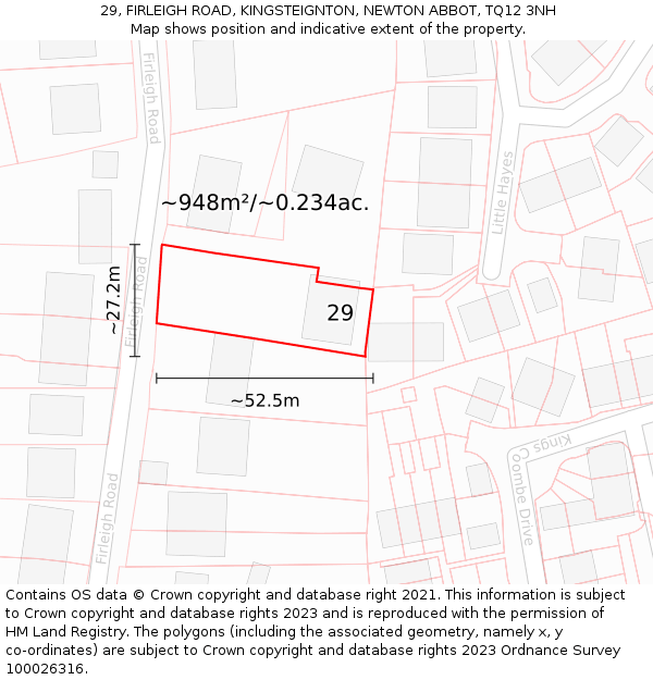 29, FIRLEIGH ROAD, KINGSTEIGNTON, NEWTON ABBOT, TQ12 3NH: Plot and title map