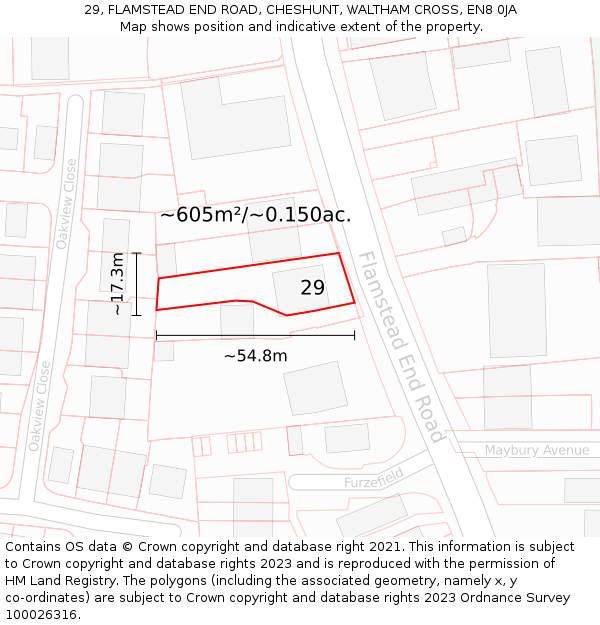 29, FLAMSTEAD END ROAD, CHESHUNT, WALTHAM CROSS, EN8 0JA: Plot and title map