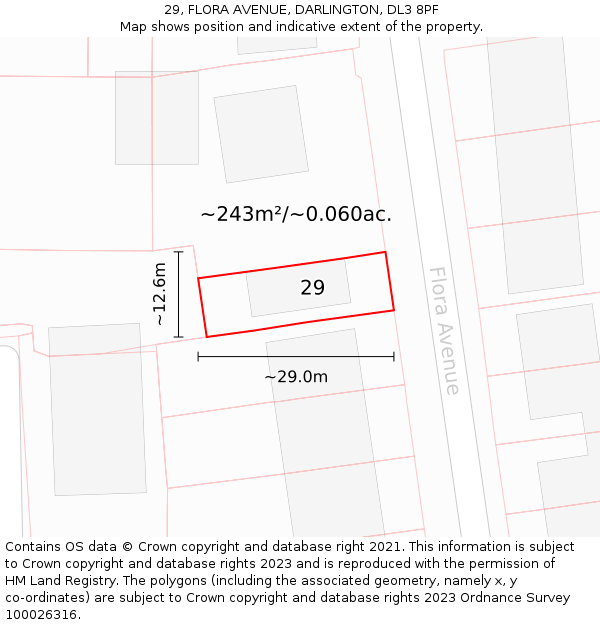 29, FLORA AVENUE, DARLINGTON, DL3 8PF: Plot and title map