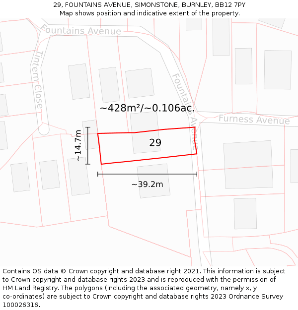 29, FOUNTAINS AVENUE, SIMONSTONE, BURNLEY, BB12 7PY: Plot and title map
