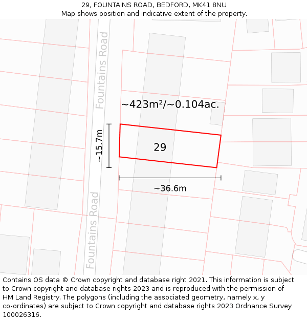 29, FOUNTAINS ROAD, BEDFORD, MK41 8NU: Plot and title map