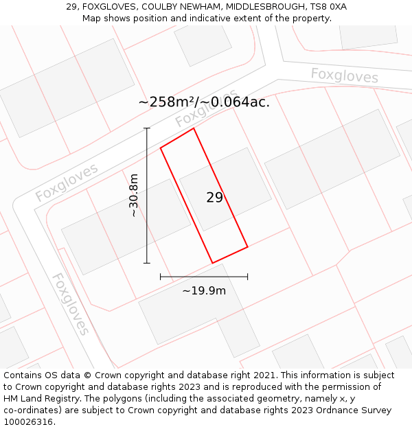 29, FOXGLOVES, COULBY NEWHAM, MIDDLESBROUGH, TS8 0XA: Plot and title map