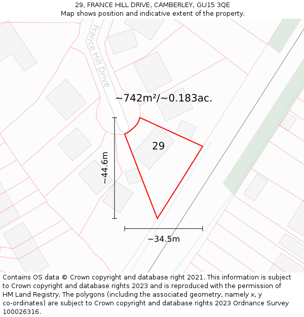 29, FRANCE HILL DRIVE, CAMBERLEY, GU15 3QE: Plot and title map