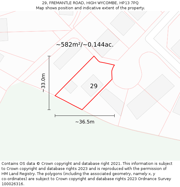 29, FREMANTLE ROAD, HIGH WYCOMBE, HP13 7PQ: Plot and title map