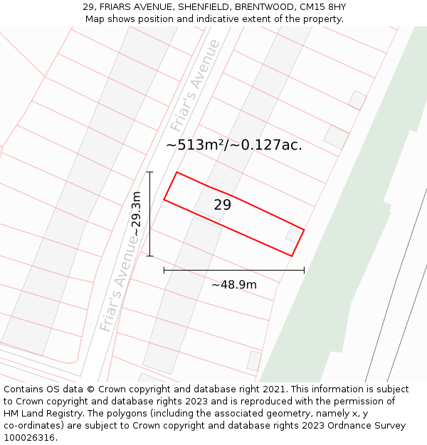 29, FRIARS AVENUE, SHENFIELD, BRENTWOOD, CM15 8HY: Plot and title map