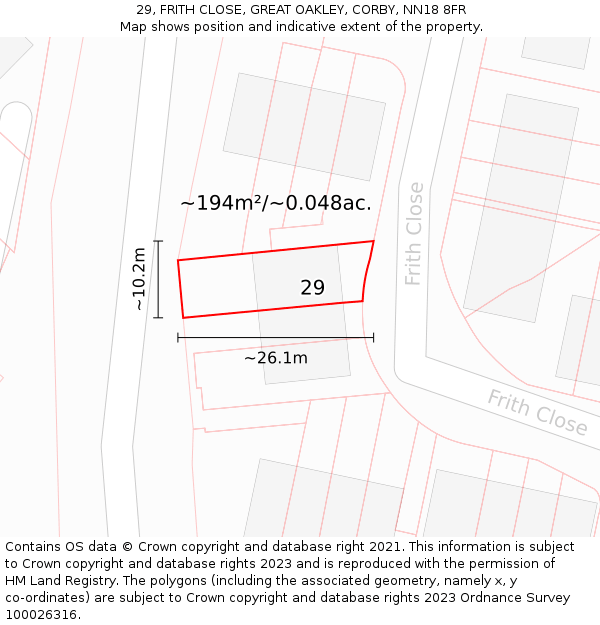29, FRITH CLOSE, GREAT OAKLEY, CORBY, NN18 8FR: Plot and title map