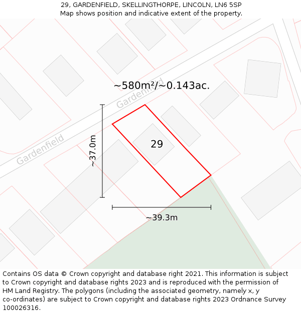 29, GARDENFIELD, SKELLINGTHORPE, LINCOLN, LN6 5SP: Plot and title map