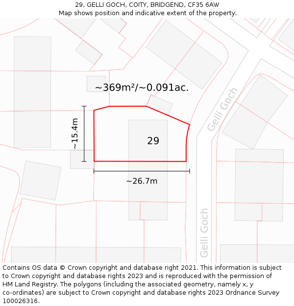 29, GELLI GOCH, COITY, BRIDGEND, CF35 6AW: Plot and title map