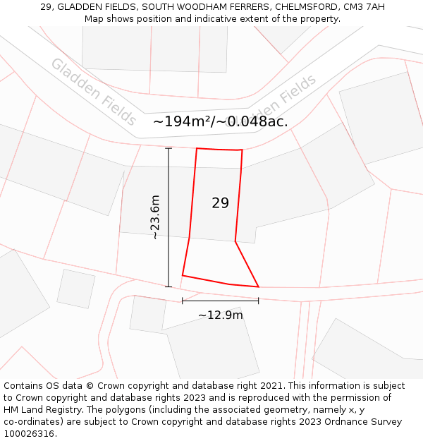 29, GLADDEN FIELDS, SOUTH WOODHAM FERRERS, CHELMSFORD, CM3 7AH: Plot and title map