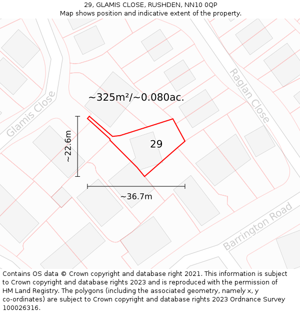 29, GLAMIS CLOSE, RUSHDEN, NN10 0QP: Plot and title map