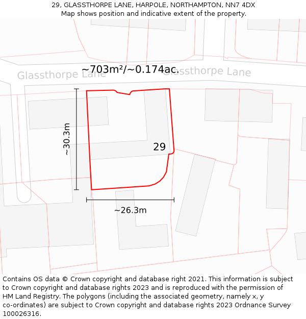 29, GLASSTHORPE LANE, HARPOLE, NORTHAMPTON, NN7 4DX: Plot and title map