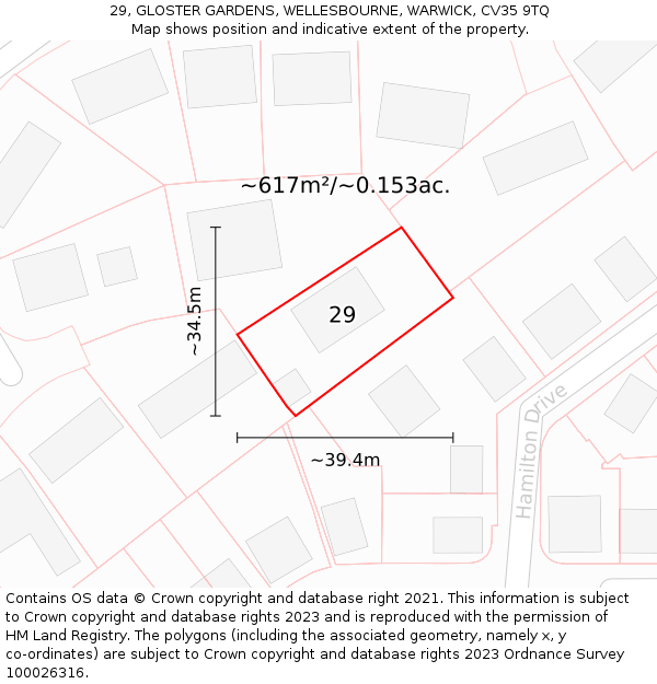 29, GLOSTER GARDENS, WELLESBOURNE, WARWICK, CV35 9TQ: Plot and title map