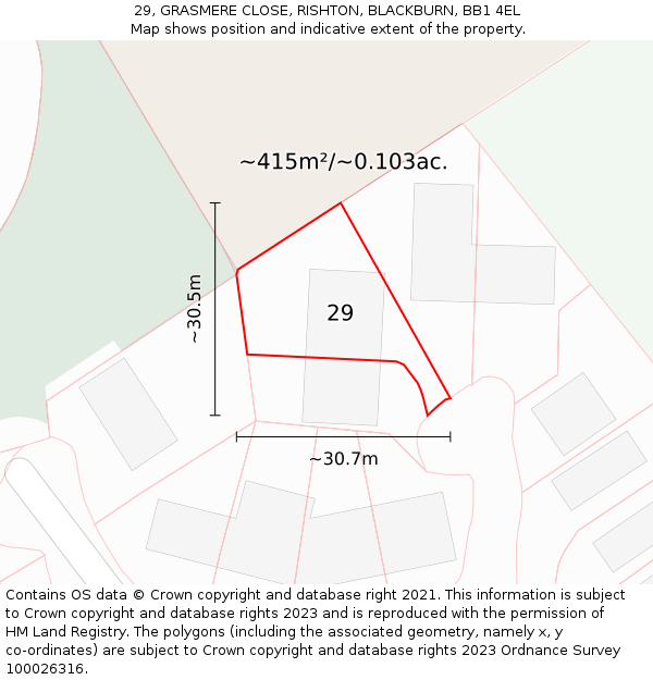 29, GRASMERE CLOSE, RISHTON, BLACKBURN, BB1 4EL: Plot and title map