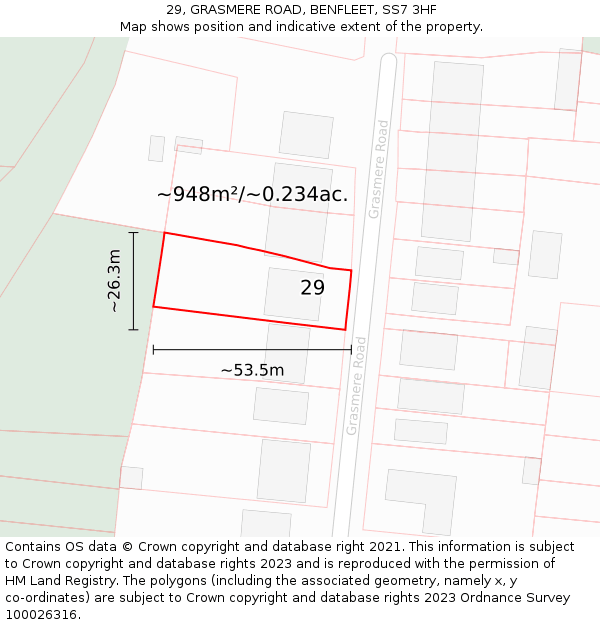 29, GRASMERE ROAD, BENFLEET, SS7 3HF: Plot and title map