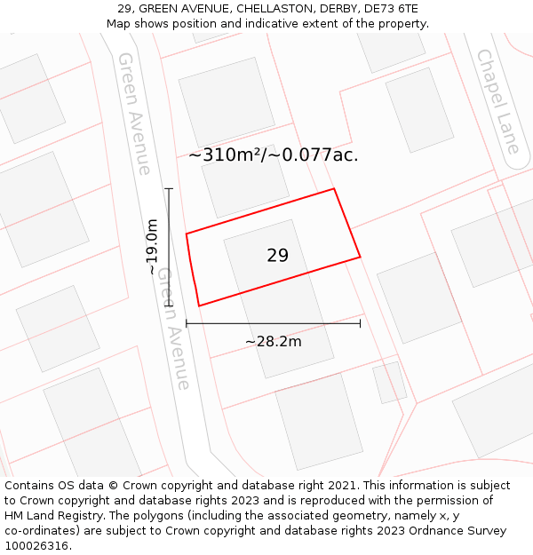 29, GREEN AVENUE, CHELLASTON, DERBY, DE73 6TE: Plot and title map