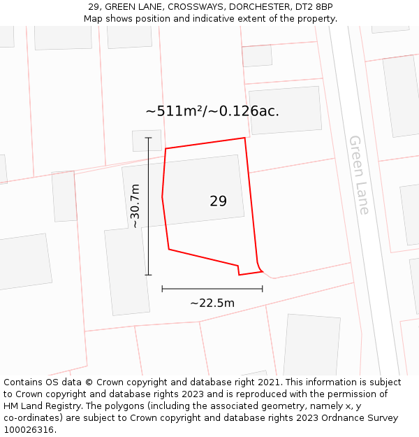 29, GREEN LANE, CROSSWAYS, DORCHESTER, DT2 8BP: Plot and title map