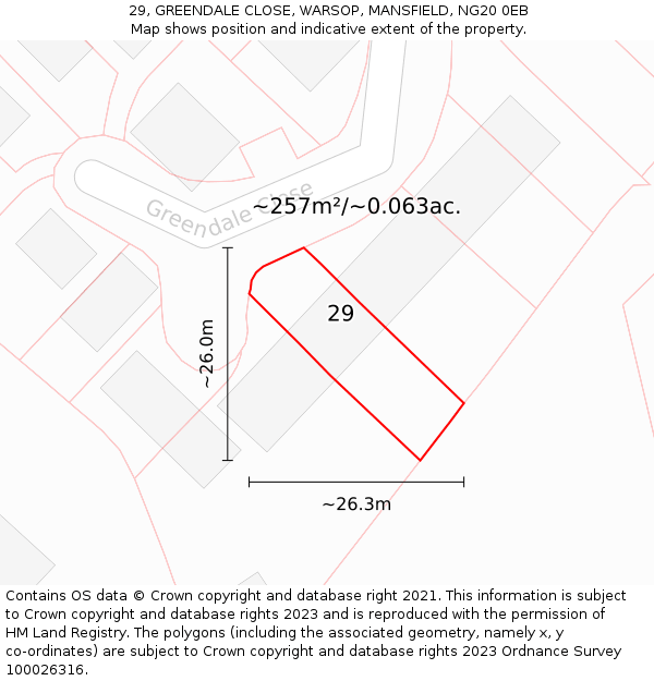 29, GREENDALE CLOSE, WARSOP, MANSFIELD, NG20 0EB: Plot and title map
