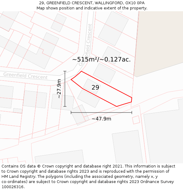 29, GREENFIELD CRESCENT, WALLINGFORD, OX10 0PA: Plot and title map