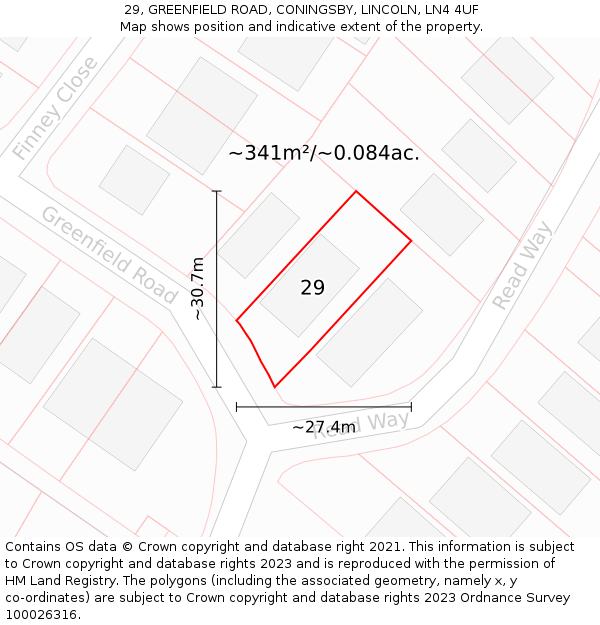 29, GREENFIELD ROAD, CONINGSBY, LINCOLN, LN4 4UF: Plot and title map