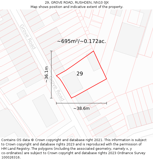 29, GROVE ROAD, RUSHDEN, NN10 0JX: Plot and title map