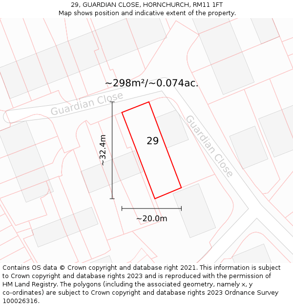 29, GUARDIAN CLOSE, HORNCHURCH, RM11 1FT: Plot and title map