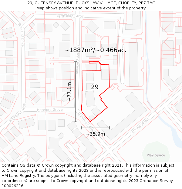 29, GUERNSEY AVENUE, BUCKSHAW VILLAGE, CHORLEY, PR7 7AG: Plot and title map