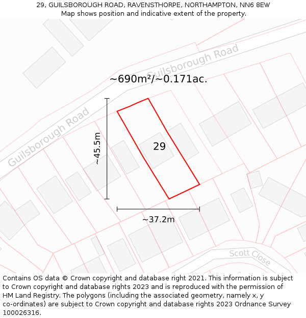29, GUILSBOROUGH ROAD, RAVENSTHORPE, NORTHAMPTON, NN6 8EW: Plot and title map
