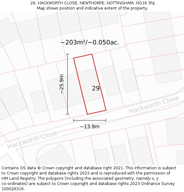 29, HACKWORTH CLOSE, NEWTHORPE, NOTTINGHAM, NG16 3NJ: Plot and title map