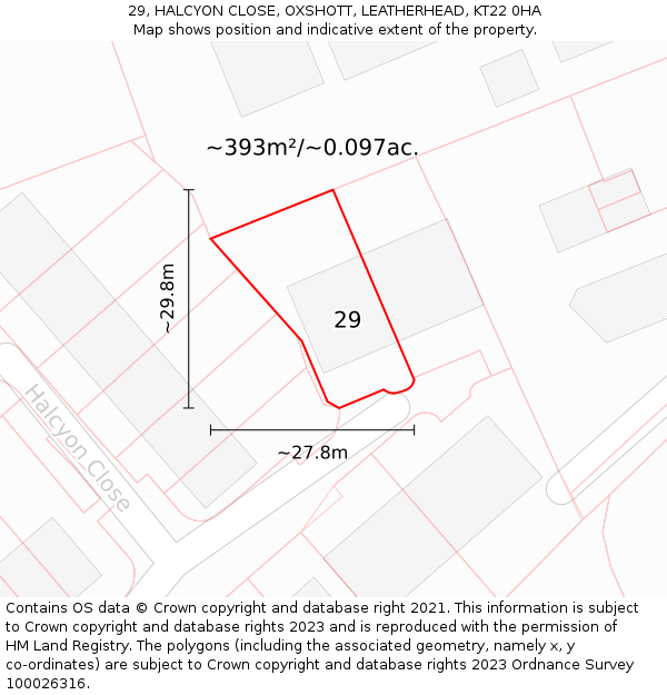29, HALCYON CLOSE, OXSHOTT, LEATHERHEAD, KT22 0HA: Plot and title map