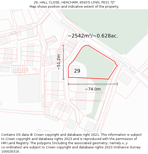 29, HALL CLOSE, HEACHAM, KING'S LYNN, PE31 7JT: Plot and title map