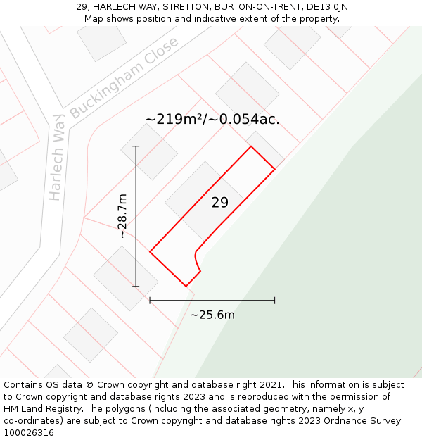 29, HARLECH WAY, STRETTON, BURTON-ON-TRENT, DE13 0JN: Plot and title map
