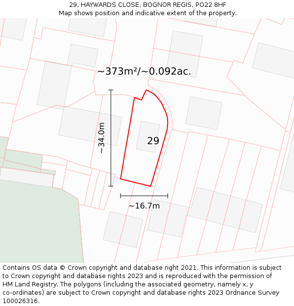 29, HAYWARDS CLOSE, BOGNOR REGIS, PO22 8HF: Plot and title map