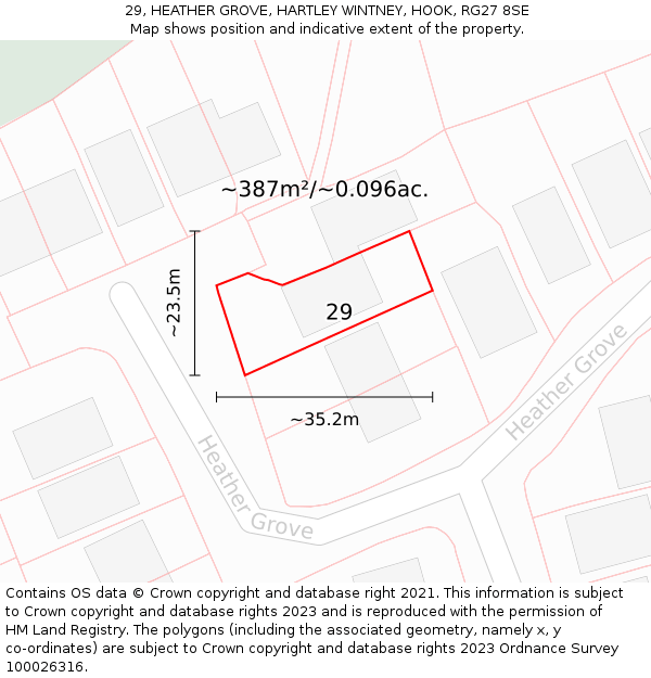 29, HEATHER GROVE, HARTLEY WINTNEY, HOOK, RG27 8SE: Plot and title map