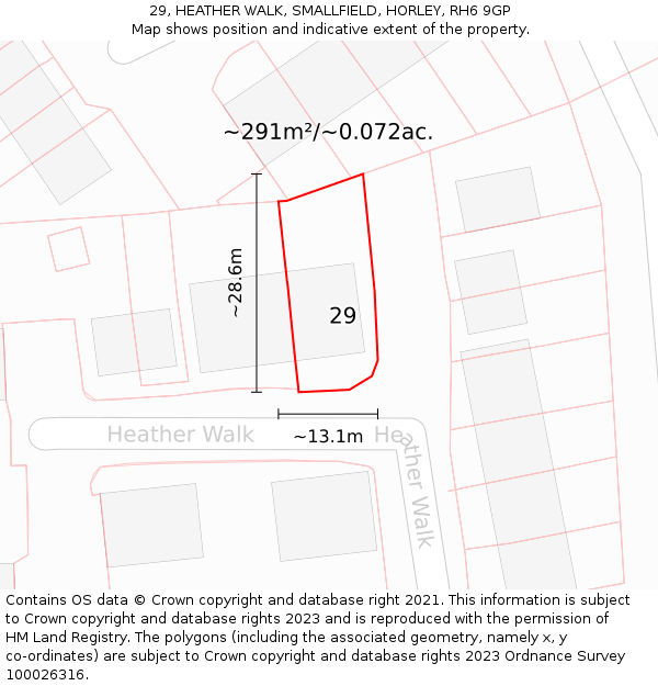 29, HEATHER WALK, SMALLFIELD, HORLEY, RH6 9GP: Plot and title map
