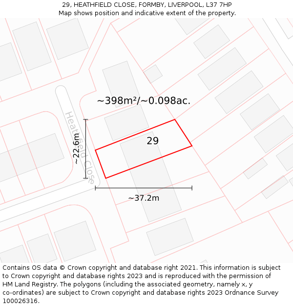 29, HEATHFIELD CLOSE, FORMBY, LIVERPOOL, L37 7HP: Plot and title map