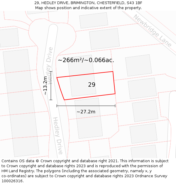 29, HEDLEY DRIVE, BRIMINGTON, CHESTERFIELD, S43 1BF: Plot and title map