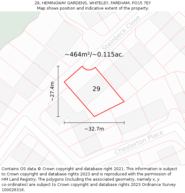 29, HEMINGWAY GARDENS, WHITELEY, FAREHAM, PO15 7EY: Plot and title map