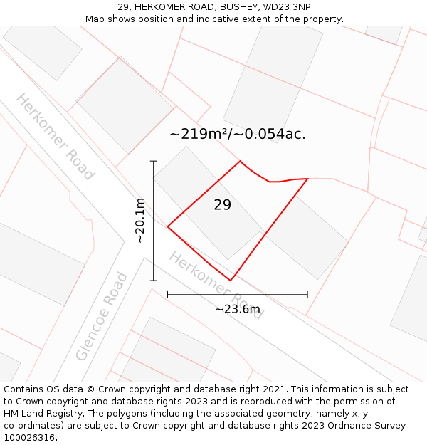 29, HERKOMER ROAD, BUSHEY, WD23 3NP: Plot and title map