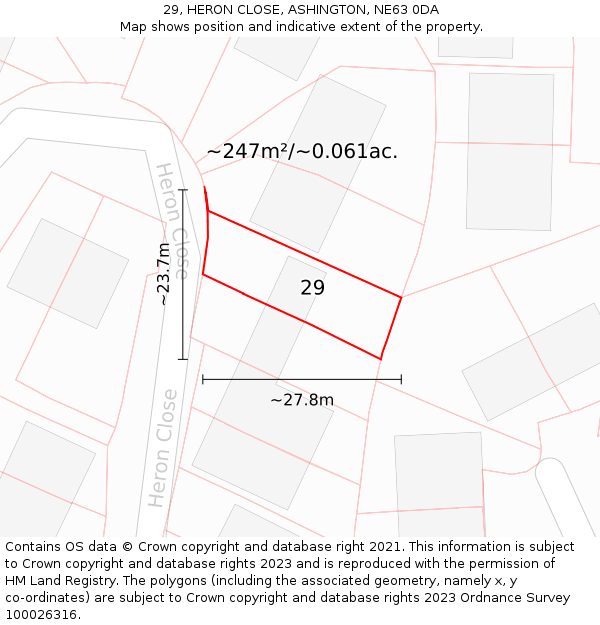 29, HERON CLOSE, ASHINGTON, NE63 0DA: Plot and title map
