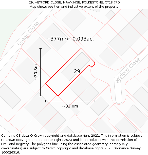 29, HEYFORD CLOSE, HAWKINGE, FOLKESTONE, CT18 7FQ: Plot and title map